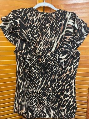 Jennifer Lopez Leopard Print Ruffle Sleeve Blouse - Black/Brown/Cream